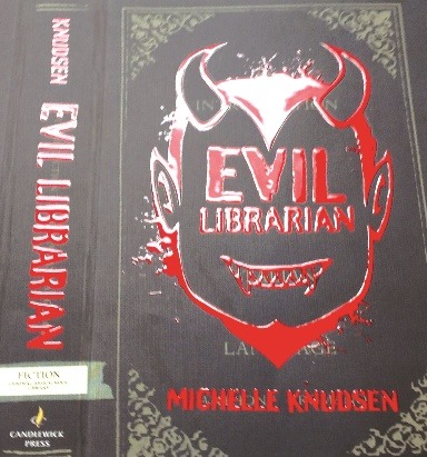 Book cover with metallic red foil and embossed detailing for the title “Evil Librarian.”