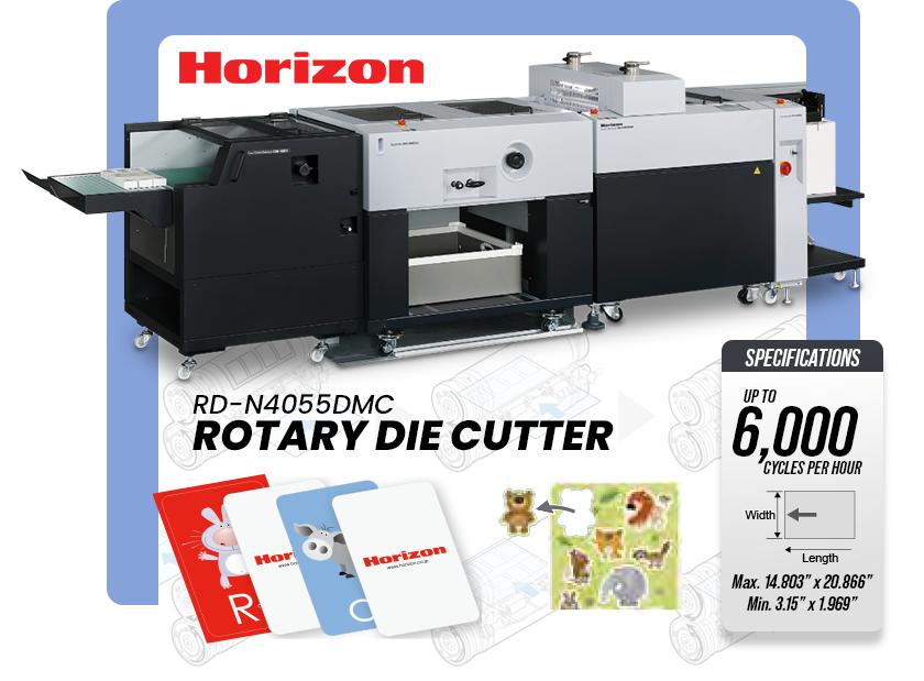 Horizon Rotary Die Cutter RD-4055. Die cutting paper and kiss cutting for stickers.