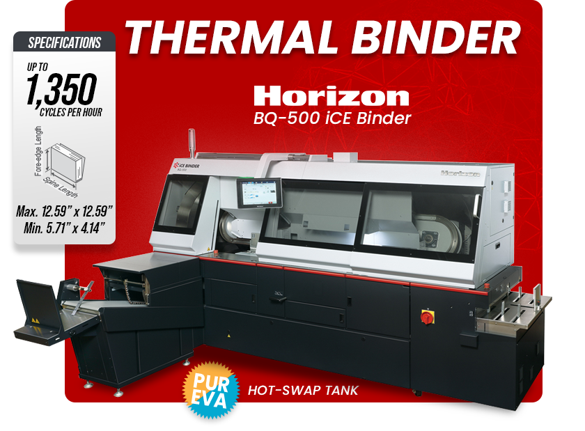 Image of a thermal binder. This is the Horizon BQ-500 iCE Binder. Thermal binders are also called perfect binders.