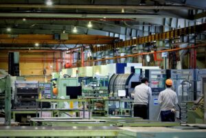 A long view down the sheet metal line at the Horizon Finishing Factory. Metal is cut and bent fully autonomously based on orders.