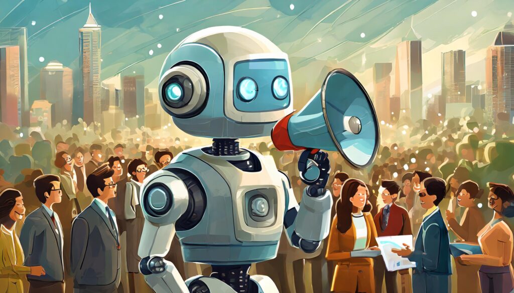 Artwork of robot speaking on megaphone in a large crowd in a city