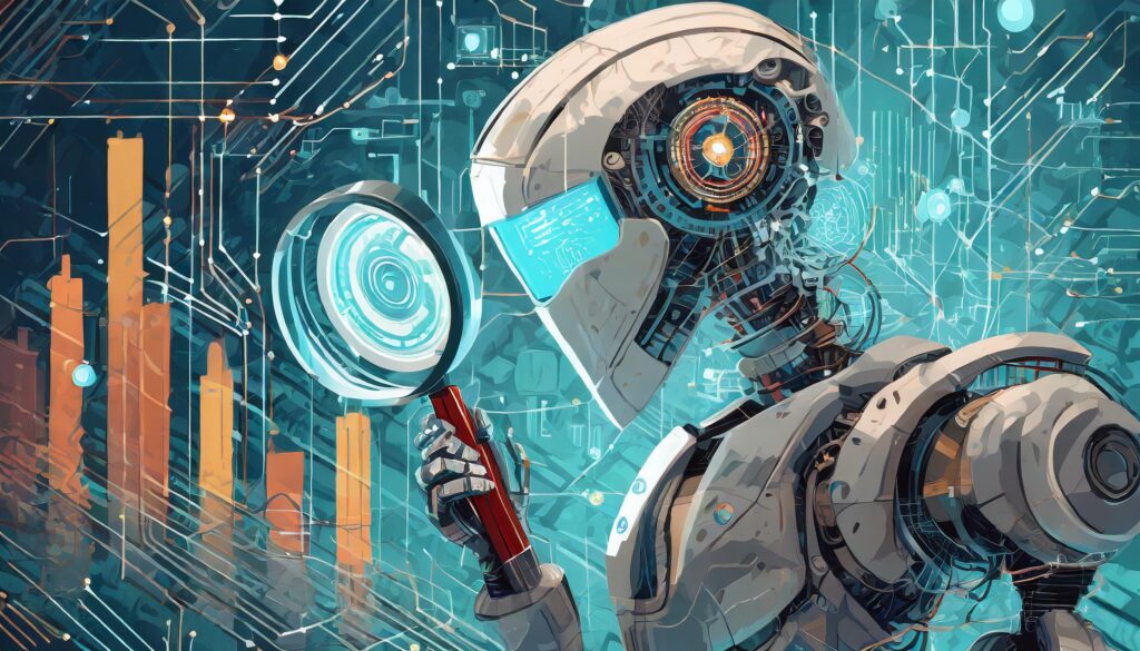 Artwork of futuristic looking robot looking at data with magnifying glass