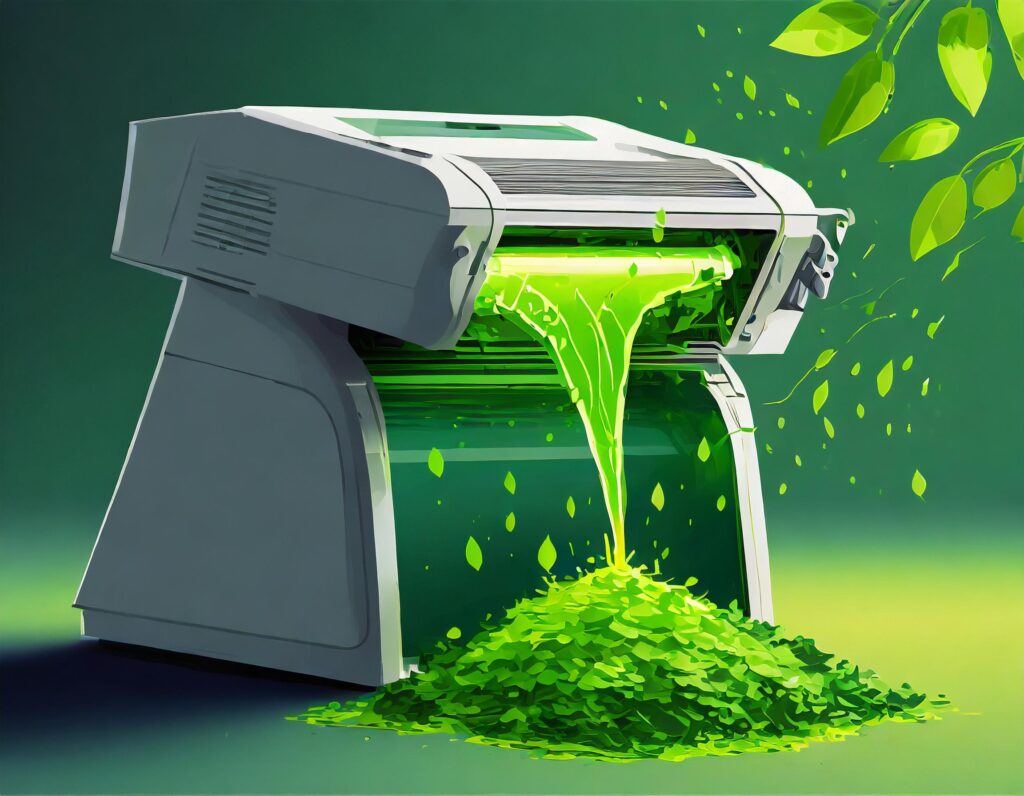Printer artwork oozing fresh green liquid indicative of sustainability
